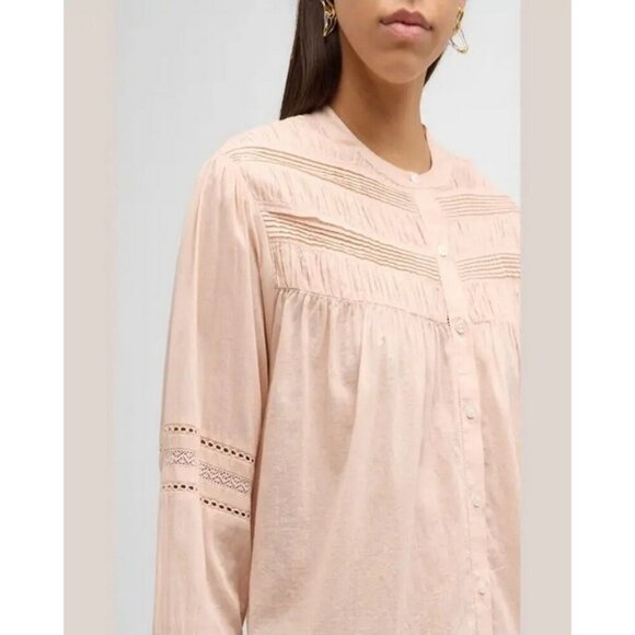 💕XIRENA💕 Allie Shirred Lace-Inset Cotton Shirt ~ Sepia Large NWT - Picture 8 of 16